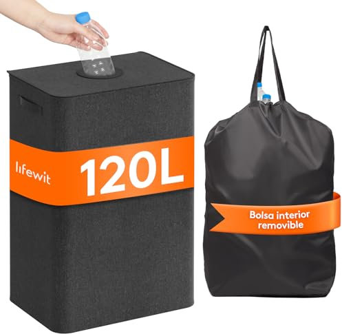 Lifewit contenedor de 120L para recogida de botellas con tapa, almacenamiento de botellas vacías y vidrio, colector de botellas con agujero, bolsa para cocina o sala de almacenamiento, Gris oscuro