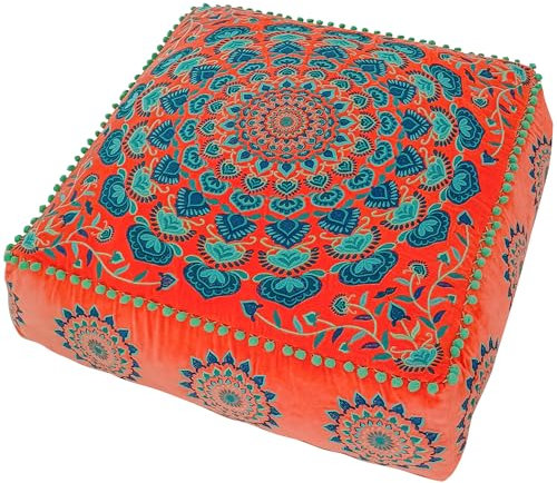 Mandala Life ART Orange Pouf Ottomane Bezug mit Samtstickerei – weicher, bestickter Bodenkissen mit marokkanischem Design, 60cm Durchmesser, ideal für Wohnzimmer, Schlafzimmer oder Meditationsraum