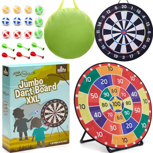Cheerful Children Toys Jumbo Kids Dart Board XL or XXL, Velcro Dart Board Set for Kids - Reversible Design, Sturdy Stand, 12 Sticky Balls & 6 Darts, Indoor/Outdoor Games Ages 3-8 (Traditional, 100cm)