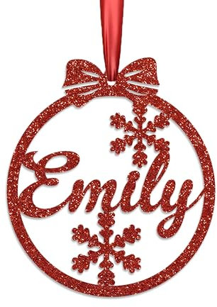 KreateSquare Personalised Christmas Bauble, 950 GSM Double-Sided Glitter Xmas Tree Decoration, Custom Name Baubles, Red & White Christmas Decorations Ornaments (Red, Snowflakes)