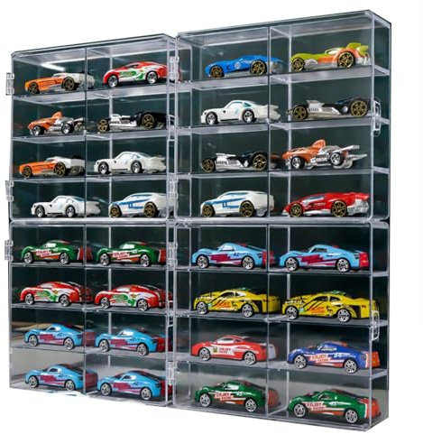 DULRLLY Automodell-Aufbewahrungsbox, Spielzeugauto-Vitrine, 8 Fächer, Transparente Vitrine für Autos, Transparente Acryl-Organizer-Vitrine, Ausstellungsboxen für Sammlerautos (4 Stück)