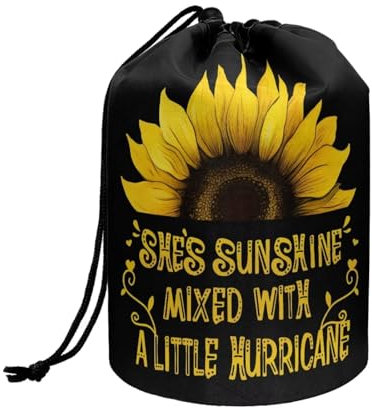 chaqlin Sunshine Sunflower Print Cosmetic Bags Womens Drawstring Barrel Makeup Bag Travel Foldable Cases Multifunctional Toiletry Bucket Bags Round Organizer