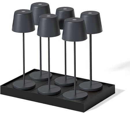 Lumisky 6er Set Tischleuchte Touch kabellos Aluminium ROCK LED weiß dimmbar H38cm mit Ladeplatte