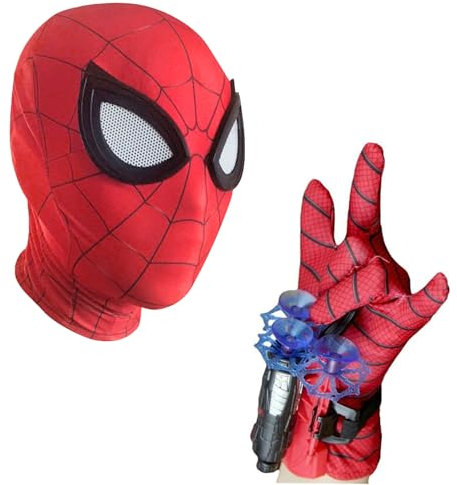 Masque Spider Rouge & Gant Lanceur de Toiles d'Araignée pour Enfants | Masque Ultra-Réaliste en Lycra | Lanceur avec 3 Fléchettes à Ventouses | Taille Unique | Idéal pour Noël | Original Corner®