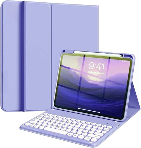 Keyboard Case for iPad Air 13 M4/M3/M2(2026/2025/2024)/Pro12.9 6th/5th/4th/3rd Gen, Cute Color Magnetic Detachable Round Keys Keyboard Cover with Pencil Holder, Light Purple