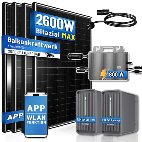 Balkonkraftwerk 2600W Solaranlage mit 800W TSUN Micro Wechselrichter WiFi Bluetooth, 4x500W Bifazial Solarmodule, Schukokabel 5m, Photovoltaik PV Anlage mit 2 Stück Marstek Speicher B2500