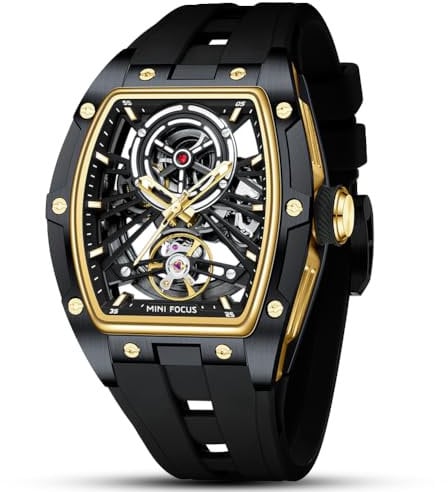 LOYEWAIER Einzigartige Herrenuhren 5 ATM Wasserdicht Automatische Mechanische Uhr Luxuriöse Skelett-Tonneau-Uhren Für Herren Mit Edelstahlgehäuse Und Silikonband (D-Gold)