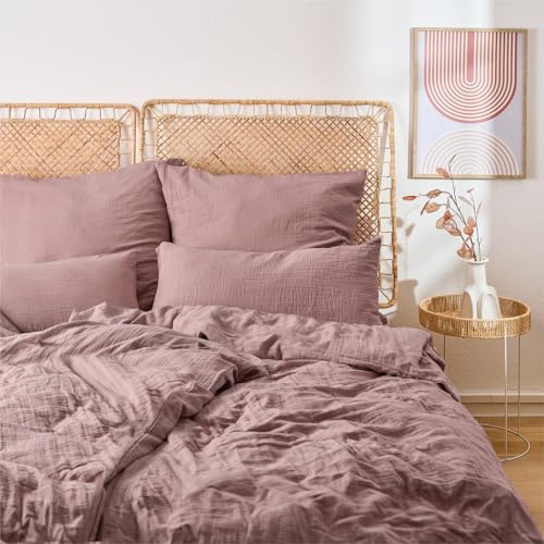 Blumtal Musselin Bettwäsche-Set 200x200 + 2x80x80 cm, Violett | OEKO-TEX zertifiziert, aus 100% Baumwolle, extra weich und bei 40 °C waschbar – leichte Sommerbettwäsche.