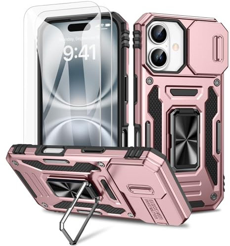 Doeshine Hülle für iPhone 16, Handyhülle mit 2 Stück Displayschutzfolie & Kameraschutz, 360° Rotate Metal Ring Ständer, Robust Fallschutz Case Outdoor Militär Schutzhülle für iPhone 16（Roségold）