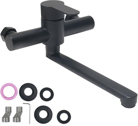 VirtuGro Grifo Cocina Pared con Aireador Grifos Cocina Fregadero en Acero Inoxidable 304 Grifo Monomando Cocina Agua Fría y Caliente con Cartuchos Cerámicos Giratorio 360 Grados Negro