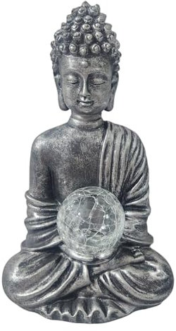 DIVAS SPIRITUAL Meditating Buddha Solar Light 25 cm Resin Statue - Outdoor Garden Ornament Decorative Figurine with Crackle Glass Ball Zen Style
