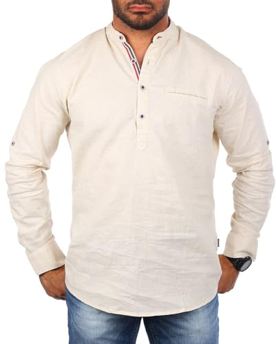 Carisma Herren Tunika Leinen Baumwoll Mix - Freizeit Hemd mit Stehkragen Kontrast Knopfleiste trendig lässig Basic Oberteil Langarm Regular fit - Modell 8443, Grösse:3XL, Farbe:Beige