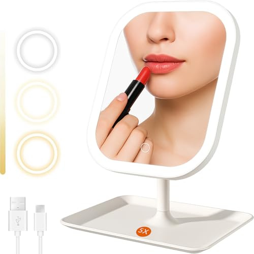 Miroir de Maquillage avec lumières Miroir de Maquillage Portable Miroir sur Pied éclairage 3 Couleurs Grossissement 1X/5X Rotation Réglable à 270 ° Miroir de Comptoir pour Chambre et Salle de Bain