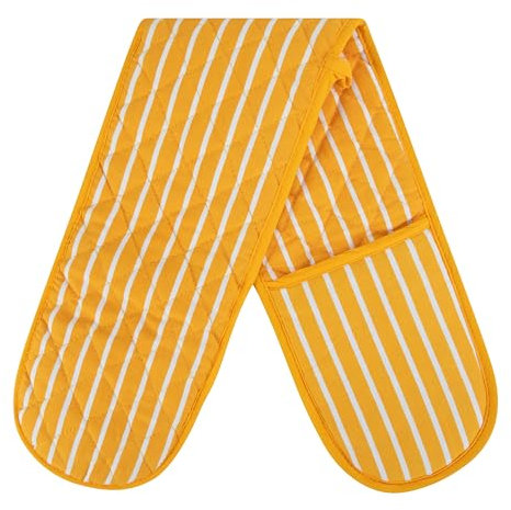 MOLLY MALOU Butcher Stripe Double Oven Gloves Quilted Heavy Duty Cooking Potholder Heat Resistant Mitt 18x90cm (Lemon)