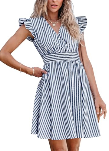 CUPSHE Mini abito da donna con scollo a V, maniche svolazzanti, a righe e punto smock in vita, abito corto estivo da cocktail