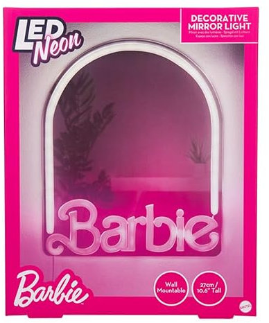 Paladone Barbie - Specchio da parete con luce al neon, con licenza ufficiale, decorazione per la casa e la camera da letto, per ragazze, adolescenti, donne, lampada rosa alimentata tramite USB