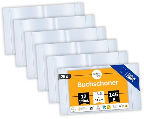 perfect line 300 x Buchumschlag Höhe 26,5 cm (265 mm) x Breite bis 54 cm, Schulbuch-Hülle Extra-Stabil, Buchschoner Glas-Klar, Sparpack (25 Sets á 12 Stk.)