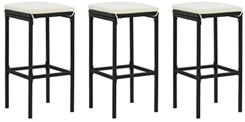 HETFTJN Barhocker 3er Set Schwarz Poly Rattan Cremeweiße Auflage 38x38x76 cm Stahl Outdoor & Küche Modern Kompakt für Esszimmer Balkon Garten
