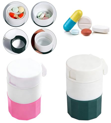 VEOIRXU 2 Pièces Coupe Medicaments/Broyeur à Comprimés/Tablet Storage Coupe Comparé Facile à Transporter Tournez Et Broyez Les Comprimés Couper et Stocker des Médicaments (Vert + Rose)