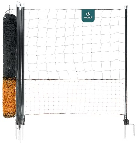VOUNOT® Hühnerzaun & Hundezaun, 30m Mobiler Zaun mit Tür und Doppelspitze, universeller Begrenzungszaun ohne Strom, Robuster PE Gartenzaun Steckzaun, Kleintiernetz für Garten, Haus & Hof, Orange