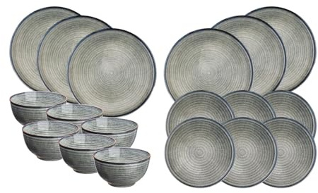 Bjorn SR-LEZEN26 Vajilla ZEN Natural, 18 Piezas, Gres con Esmalte Reactivo, Azul Grisáceo, Apto para Lavavajillas y Microondas, Incluye 6 Platos 28cm, 6 Platos 22cm, 6 Cuencos 14cm