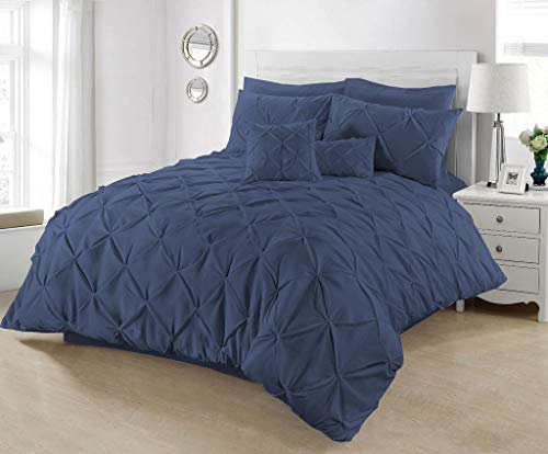 SeventhStitch Pintuck Duvet Cover with Pillowcases Luxury 100% Percale Cotton Quilt Bedding Covers Single Double King Super King Size Bed Sets (Super King, Navy)