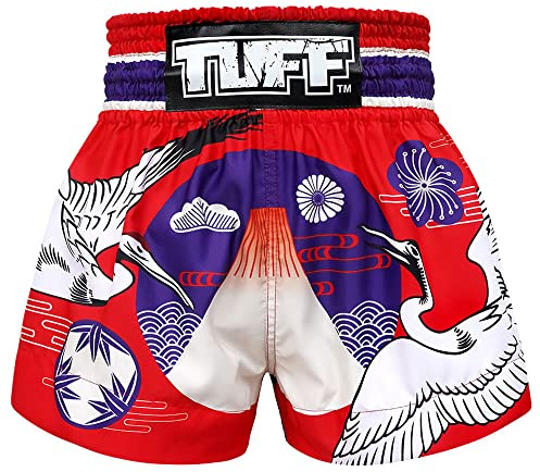 TUFF Muay Thai Boxshorts Red Japanese Drawing Crane Birds