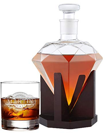 AMAVEL Set de Dégustation avec Carafe Diamant et 1 Verre à Whisky, Gravure Personnalisée du Nom et de la Date