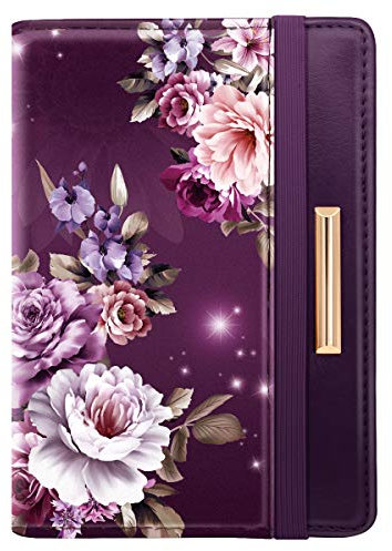 Passport Holder Cover Travel RFID Blocking Passport Cover Rose Gold Cute Flowers Passport Wallet with Elastic Band for Women, Purple Flowers, Casual