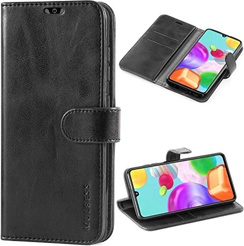 Mulbess Hülle für Samsung Galaxy A41 Handyhülle, Flipcase mit Stand Funktion, TPU Stoßfeste, Etui Karten Schutzhülle, Vintage Schwarz