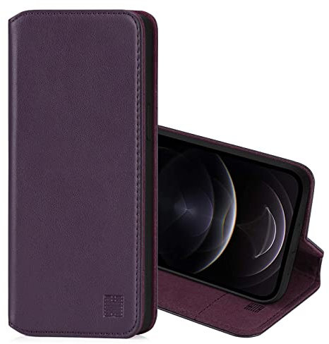 32nd Classic Series 2.0 - Real Leather Book Wallet Flip Case Cover For Apple iPhone 12 Pro Max (6.7), Real Leather With Card Slot, Magnetic Closure and Built In Stand - Aubergine