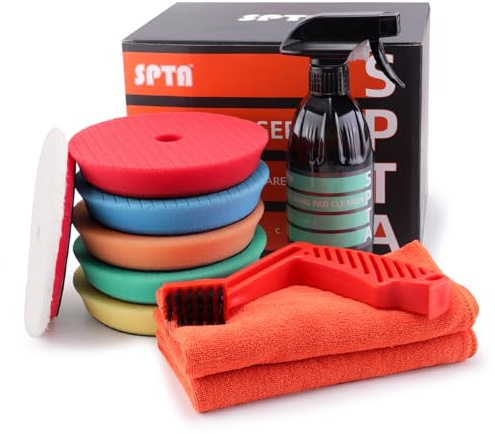 SPTA 10 Pcs Detailing Set, 5Pc 6 inch Buffing Polishing Pads, 1 Microfiber Finish Pad, 1-16 oz Polishing Cleaner, 1 Conditioning Brush, 2-16*16 Microfiber Towel. for Dual Action and Rotary Polishers