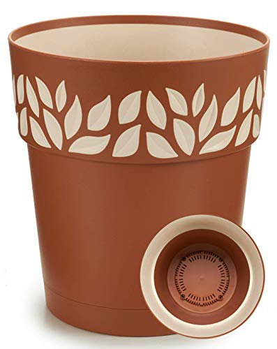 TIENDA EURASIA® Maceta de Plástico - Diseño Moderno Hojas - 3 en 1- Maceta + Bandeja Interior + Plato Maceta (Marrón, 25 cm)