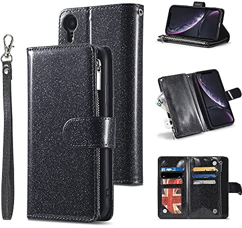 UEEBAI Wallet Case for iPhone XR, Premium Glitter PU Leather Case Magnetic Closure Bling Handbag Zipper Pocket Case Kickstand Card Holder Slots Shockproof Flip Cover for iPhone XR - Glitter Black