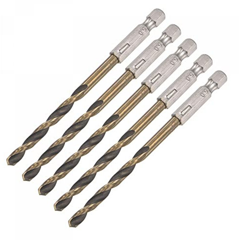 sourcing map 5 Pcs High Speed Steel Hex Shank Twist Drill Bit, 5mm Drilling Dia with 1/4 Inch Hex Shank 105mm Length