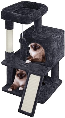 Yaheetech Arbre à Chat avec Griffoir et Poteaux en Sisal Centre d'activités 2 Niches 1 Boule de Peluche et 1 Platforme 49 x 45,5 x 91 cm Noir
