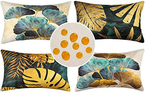 Wasserdichte Kissenbezug 4er Set Kissenbezüge Gold Sofa Couch Wohnzimmer Dekokissen Kissenhülle Landhausstil Zierkissen Leinen Garten Outdoor Sofakissen Couchkissen Frühling Kissenbezug 30X50cm