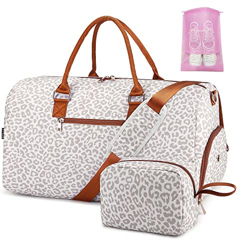 Sporttasche Reisetasche Damen, Kliniktasche Geburt Weekender Saunatasche Damen Groß Handgepäck Tasche mit Kulturtasche Schuhfach und Nassfach for Weekend Travel, Wüstenleopard
