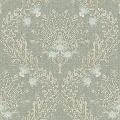 Floral Sage Green Blue Wallpaper - Flowers Nature Garden Floral Modern Contemporary Feature Wall Textured Vinyl