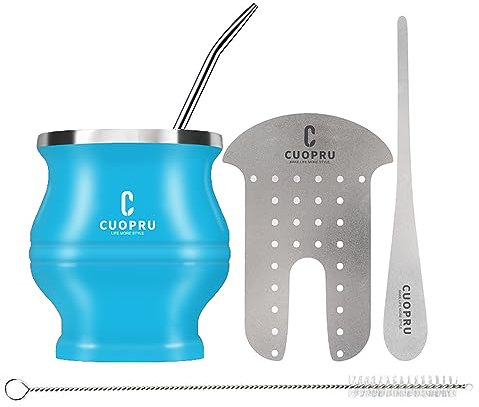 Cuopru Juego de vasos modernos de acero inoxidable Yerba Mate de 180 ml, incluye pajita de bombilla, cepillo de limpieza, azul