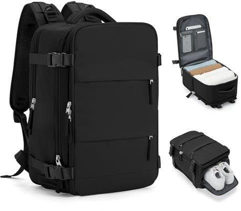 HPLQQ Travel Backpack Cabin Size for Women, Ryanair Cabin Bags 40x20x25 Underseat Carry On Hand Luggage Backpack, Water Resistant Rucksack Casual Daypack School Bag with Shoe Compartment,I1-black