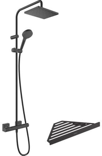 Colonne de douche thermostatique HANSGROHE Vernis Shape 230 EcoSmart noir mat + tablette AddStoris