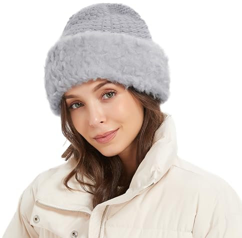Wintermützen Strick Beanie Skull Cap Russische Kunstpelz Hut Flauschige Eimer Hut Schneekappe für Frauen, grau, M