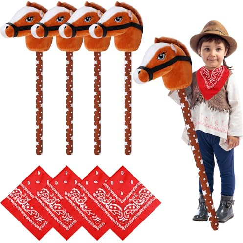 Poen 4 Pack Light Brown Horse Stick with Sound Red Bandana Set 27.6'' Toys Stick Horse Western Cowboy Bandana Head with Neighing Sound for Boys Girls Fun Pretend Games Son Daughter(Brown and Red)