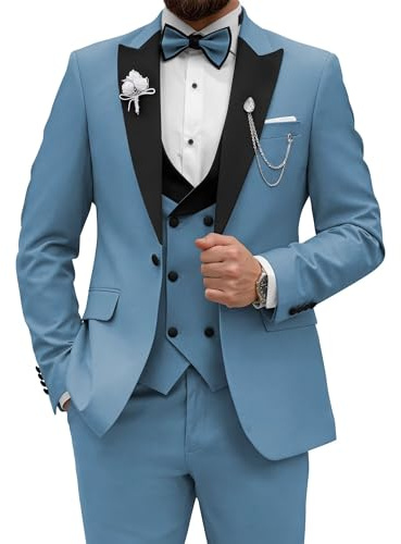 Wangyue Men's Tuxedo Suit 3 Piece Slim Fit Suit for Men Tuxedo for Men Wedding Party Dinner Prom, Dusty Blue, XL