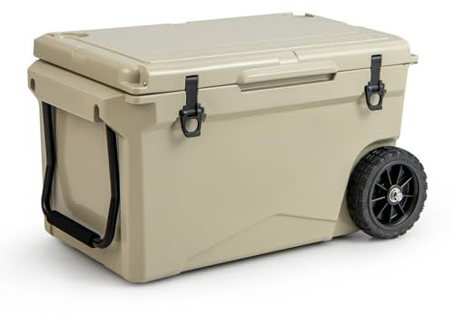 COSTWAY 71L Insulated Cooler Box, Mobile Ice Chest Box with All-Terrain Wheels, Handles and Bottle Opener, Portable Cooler for Camping, Fishing & Beach, 5-7-day Ice Retention (Tan)