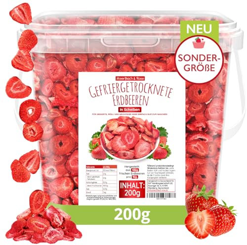 Erdbeeren gefriergetrocknet, 200g gefriergetrocknete Früchte in Scheiben, ungezuckert, fruchtige Erdbeerchips, getrocknete Erdbeeren