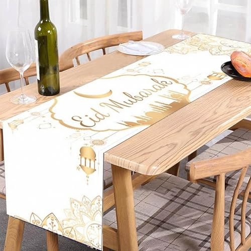 Kashyke Ramadan Tischläufer - Islamische Dekoration - Weiß & Gold - Polyester - Ramadan-Motiv mit Stern und Mondlaternen - Modern mit traditionellen Elementen
