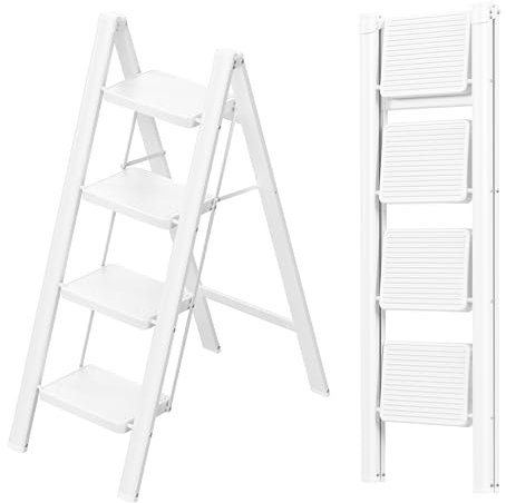 YOUTHCLUB Robusta Escalera de 4 peldaños, Capacidad para 270 kg, Taburete Plegable para Adultos, Peldaños de Cocina Portátiles y Ahorradores de Espacio, Multifuncional para la Oficina en Casa- Blanco