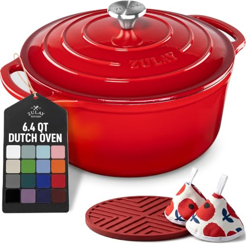 Zulay Olla holandesa de hierro fundido esmaltado de 6 cuartos con tapa, apta para horno hasta 260.0 °C, perfecta para hornear pan, guisos, estofados y cazuelas, utensilios de cocina de hierro fundido